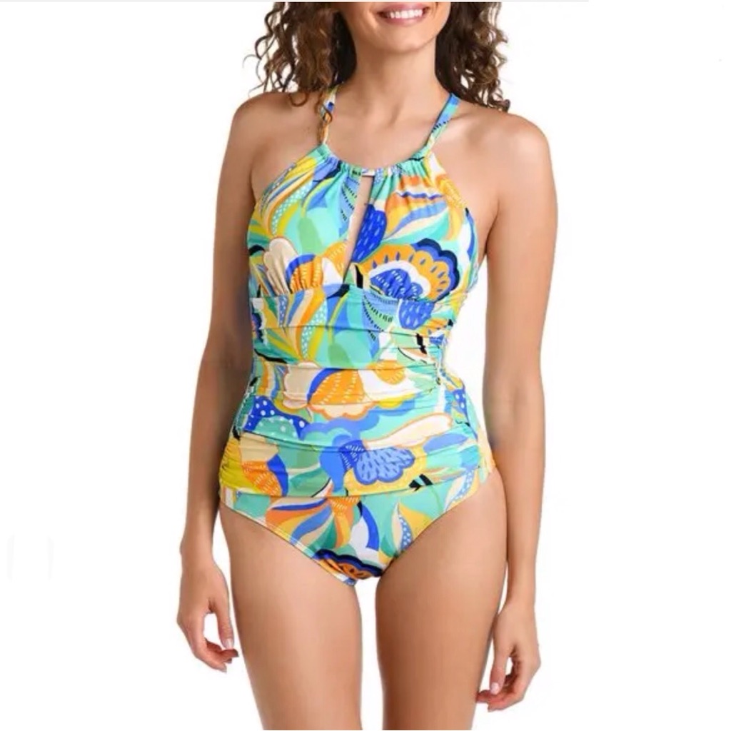 La Blanca High Neck Tropical Ruched One Piece Swimsuit Keyhole Halter Size 4
